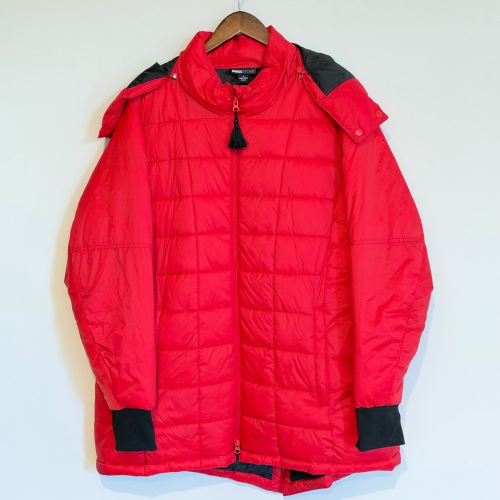 Swiss Tech Women's Red Black Puffer Jacket Coat Detachable Hood Parka 1X 16-18W